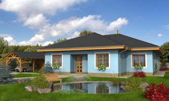 projekt domu bungalov s valbovou strechou a krytou terasou
